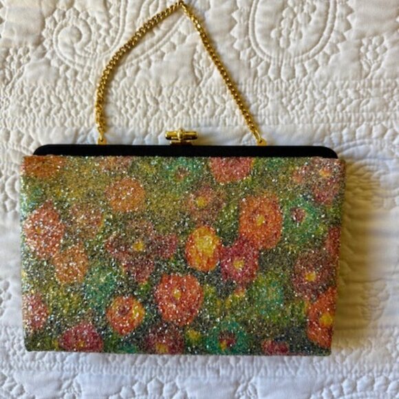 field of flowers sparkling glitter pattern 1950s clutch bag - Picture 2 of 6